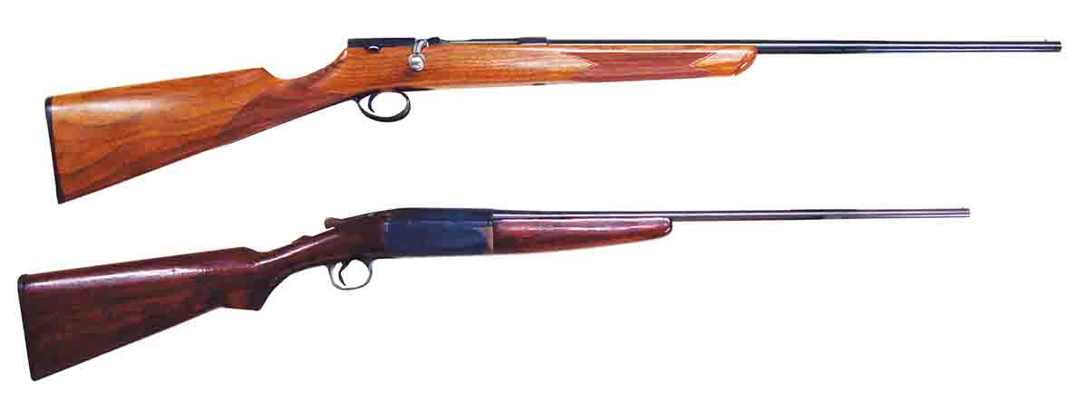 At top is a reproduction of a Midland Gun Co. (England) “garden gun” of 1932. Below is a Gambles stores single shot.